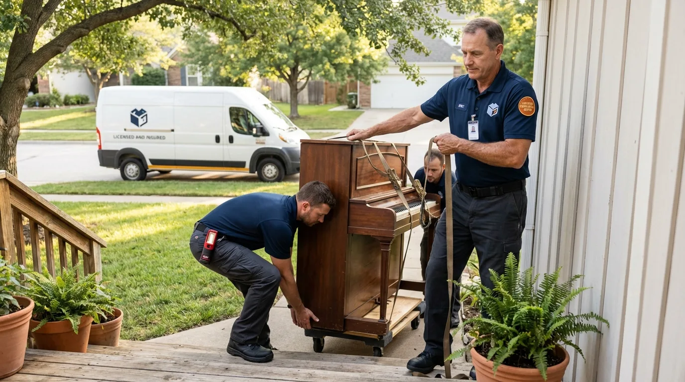 Licensed piano movers securing grand piano in Ashland, NH