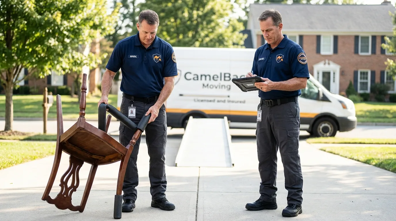Movers inspecting furniture for damage prevention before loading in Ashland, NH