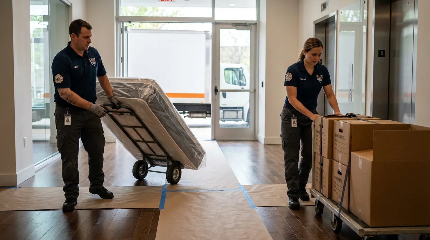Professional apartment movers loading elevator in Ashland, NH