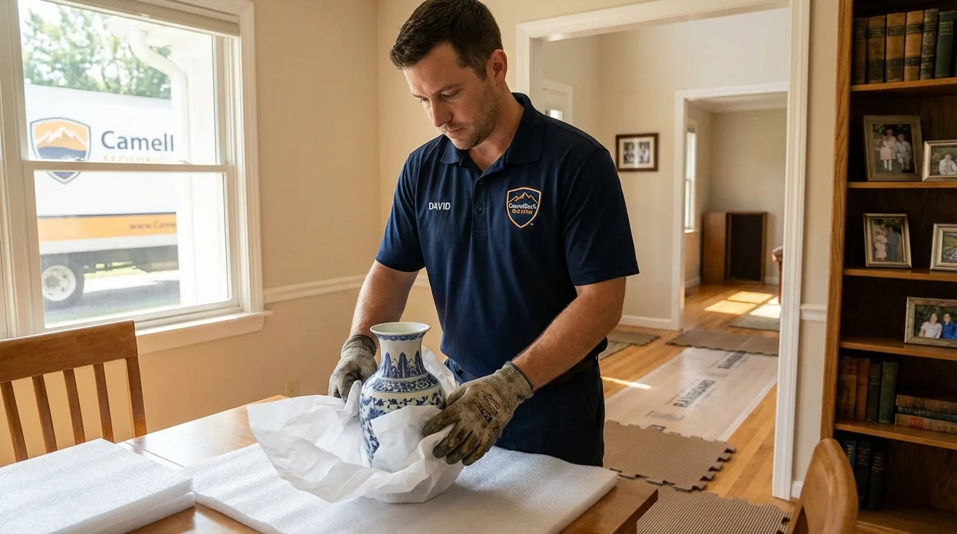Professional crew carefully wrapping antique vase for senior downsizing move in Ashland, NH