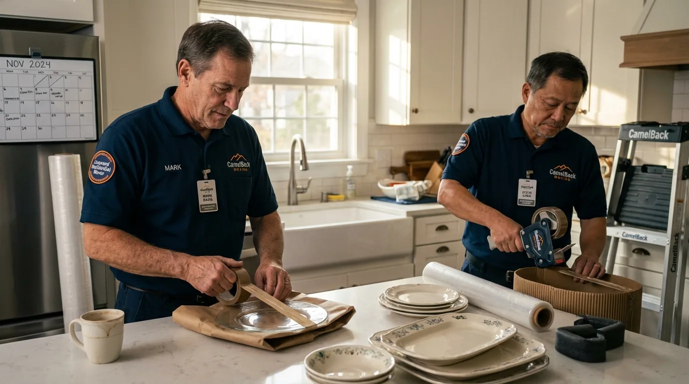 Professional crew packing kitchen dishware in Ashland, NH